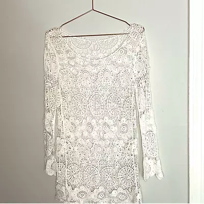 Vintage Crochet Lace Coverup Long Sleeve With Scoop Neck Floral Dress Size Small • $25