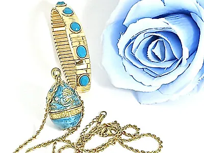 Turquoise Fabergé Easter Egg Faberge Egg Pendant Gold 24k + Bracelet HANDMADE • $99