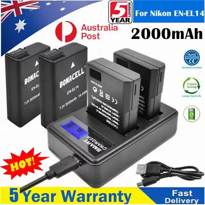 2000mAh EN-EL14 Battery /Charger For Nikon D3100 D3200 D3300 D3500 SLR Camera AU • $26.99