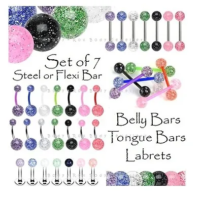 7 X Glitter Belly Bars Tongue Bars Or Labret Tragus Ear/Earring - Steel Or Flexi • £4.99