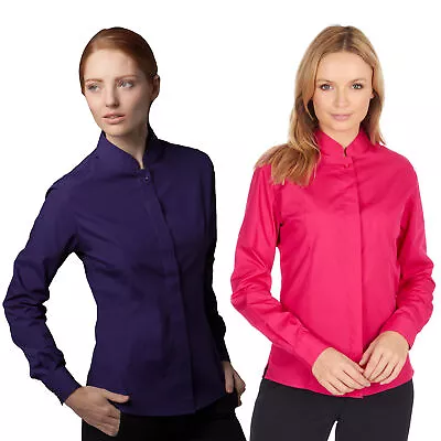 Ladies Womens Plain Shirt Tailored Fit Mandarin Stand Up Collar Long Sleeve Work • £5.99