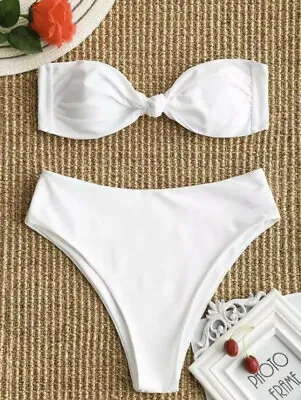 ZAFUL Bandeau Bowknot High Cut Bathing Suit - White M Size 6 NWT Bikini • $29.95