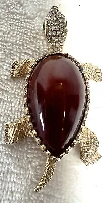 Vintage Signed Hattie Carnegie Turtle Brooch Burgundy Rhinestones Pin 1960's • $99