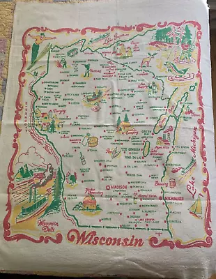 Rare 50’s Vintage Wisconsin State Souvenir Tablecloth Colorful 32x38” • $39.99