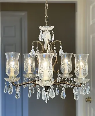 Antique Vintage Crystal Brass Hurricane Chandelier French Victorian • $650