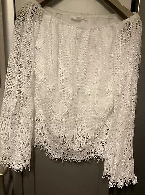 Missguided Size 10 White Lace Bardot Summer Top • £4.99