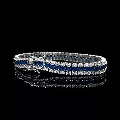 $199.98 • Buy 15TCW Princess Cut Created Blue Sapphire Tennis Bracelet 925 Sterling Silver 8mm