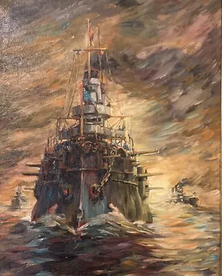 Paul Williams MARITIME OIL PAINTING Battleship Nautical WW1 War Ship 15.5x19.5” • $525