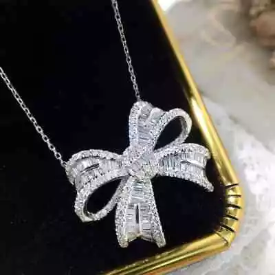 2Ct Baguette Lab-Created Diamond 14k White Gold Plated Bow Necklace Pendant • $111.99