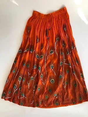 Womens Skirt Indian Dance Sequin Peacock Rayon Free Size Orange • $17.99