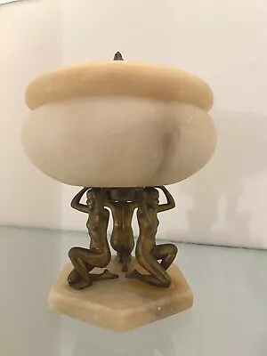 Vintage Art Deco Alabaster Footed Bowl: Three Gilded Metal Woman Holding Bowl • $249