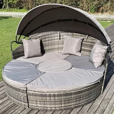 Camrose Rattan Outdoor Garden Day Bed Sun Lounger Patio Canopy Sofa Set In Grey • £369.99