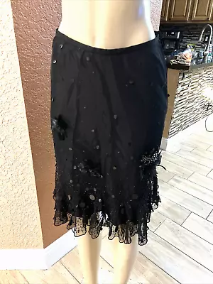 Vintage  Black Beaded Semi Sheer Midi Skirt Feather Flower Sz 2 Defect Xcc1 • $20