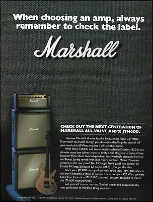 1996 Marshall All-Valve JTM 600 Head Guitar Amp Advertisement 8 X 11 Ad Print • $4