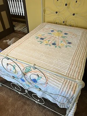 Vintage Pink Chenille Full Bedspread Pink Border- Yellow & Blue Flowers 106 X 80 • $75