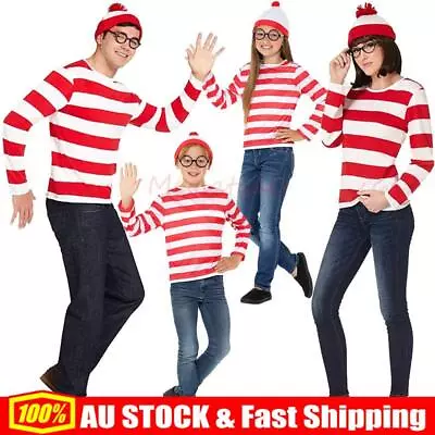 Women Men Kids Wheres Wally T-shirt Glasses Hat Socks Halloween Costume Cosplay • $18.04