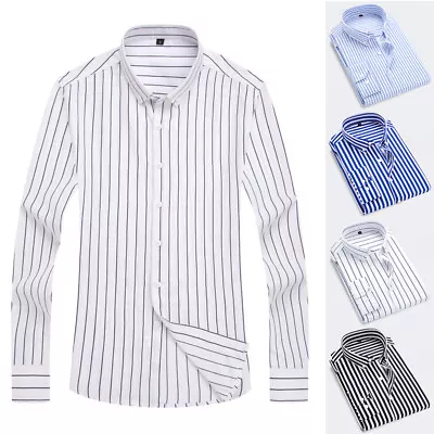 Office Wear Blouse Button Tops Dress Shirt Men Long Sleeve Casual Striped Slim • £12.59