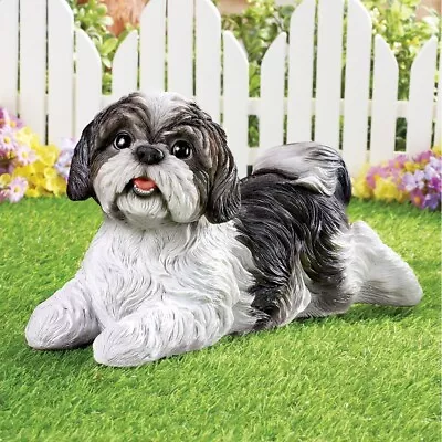Realistic Texture & Detail Relaxing Black & White Puppy Dog Garden Statue • $39.99