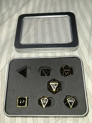 Solid Metal Polyhedral Set Of 7 Black Shadow RPG Dice W/ Gold Numbers & Case • $11.95