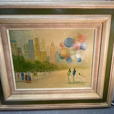 Vintage Original Oil Painting Balloon Festival Mid Eastern City 24”x20” • $67.50