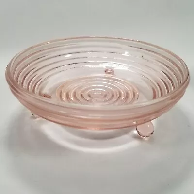 Depression Glass Pink Manhattan Three Footed Serving Bowl Ringed 6  Diameter • $19.97