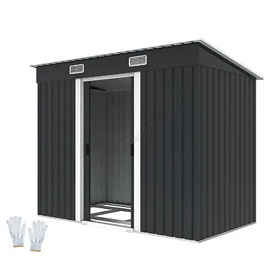 4X8FT Metal Garden Shed Pent Roof Free Foundation Base Storage House Anthracite • £188.99