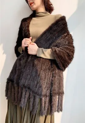Real Mink Fur Cape Poncho Winter Shawl Wraps Stoles With Pocket Black Brown • $134.30