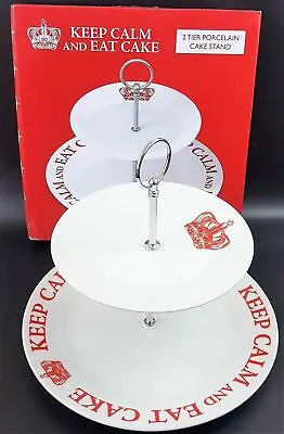 2 Tier Cake Stand Keep Calm And Eat Cake Porcelain Royal British WW II Style • £22.61