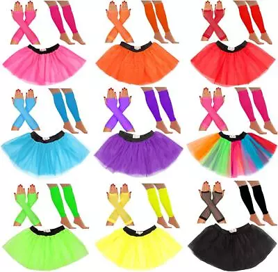 NEON 80s FANCY DRESS COSTUME TUTU SKIRT SET LEG WARMERS FISHNET GLOVES HEN PARTY • £7.49