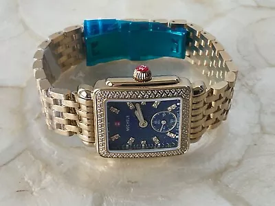 New Michele Deco Mid MWW05V000126 18k Gold Plt Blue Dial Diamond Watch - $2995 • $1372.75