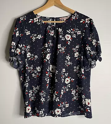 Review Women 16 Navy Red White Floral Short Sleeve Scoop Neck Tunic Top Blouse • $25