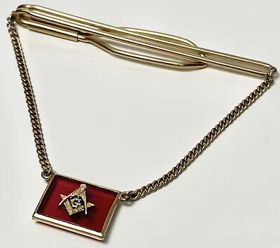$9.99 • Buy Masonic Logo 1/20 12K Yellow Gold Filled Tie Bar W Chain Red Pendant (277)