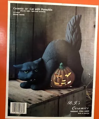 Vintage Ceramic Black Cat Pumpkin Jack O Lantern Lighted Halloween Decoration  • $74.97