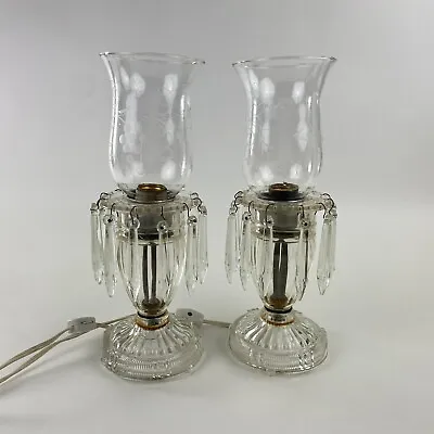 Vintage Pair Glass Hurricane Boudoir Lamps Prisms Crystals Etched Electric • $71.24