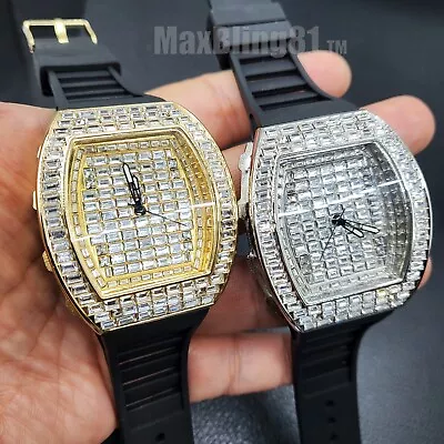 Men Watch Iced Bling Rapper Baguette Stone Silicone Band Luxury Fashion Hip Hop • $29.99