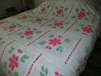 Vtg Full-Size White W/Pink Flowers Chenille Tufted Bedspread & 2 Curtain Panels • $124.99