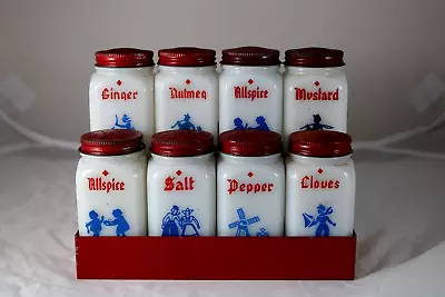 Vintage 1950's Spice Jar Set & Rack Milk Glass Dutch Theme • $49.99