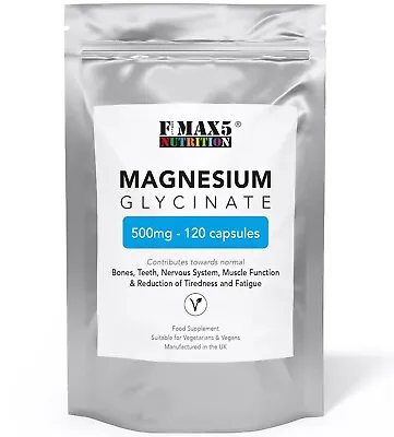 Magnesium Glycinate - 120 High Strength 500mg Capsules - Fatigue Bone Health • £6.99