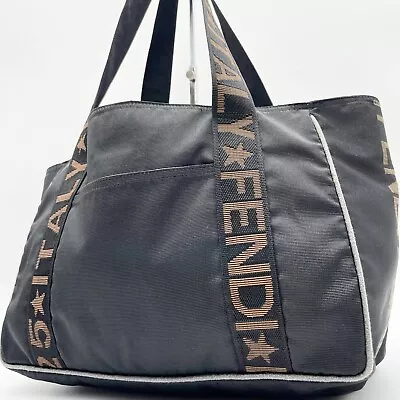 FENDI Tote Bag Logo Jacquard Nylon Canvas Black Handbag Double Handle Authentic • $200