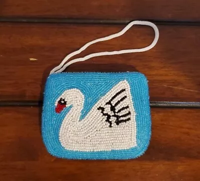 Vintage Coin Purse Swan Blue Beads With Beautiful Swan Both Sides Granny Core  • $6.99