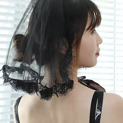 Wedding Veil 1 Lace Edge With Plastic Comb Black Short Bridal Sheer Veil • £6.11