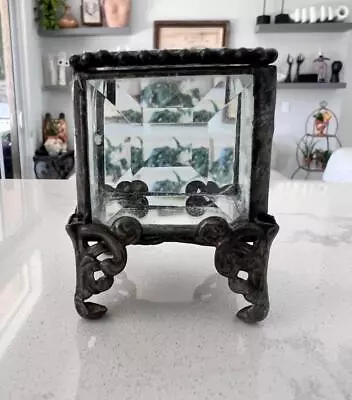 ANTIQUE SMALL FOOTED PEWTER & BEVELLED GLASS HINGED TRINKET BOX W/ MIRROR BASE • $11.99