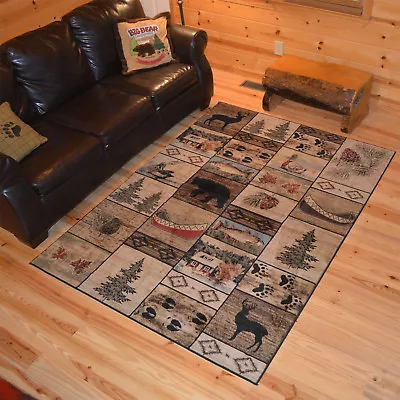 Mountain Solitude Area Rug Lodge Cabin Bear Deer Buck Canoe Duck Trout Pine Cone • $39.99