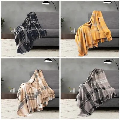 100% Cotton Large Tassel Checked Sofa Bed Single Double Warm Throw Over Blankets • £11.95