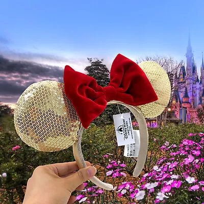 Christmas Disney Parks Gold Red Bow Minnie Mouse Sequins Headband Gift Ears XMAS • $16.89