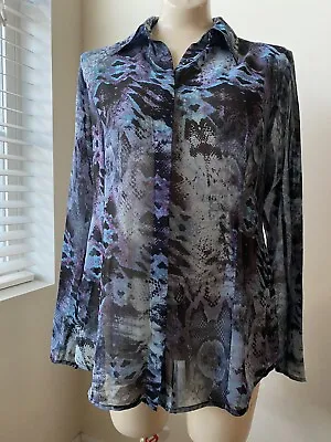 Cabi Womens MEDIUM Black Blue Sheer Button Up Long Sleeve VEUC • $15.99