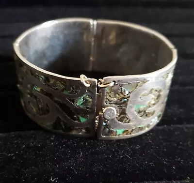 Vintage Sterling Taxco H.e.r. Swirl Design Abalone Inlay Panel Bracelet 7 Inch • $75