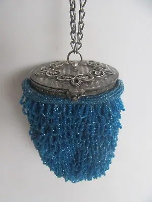 Vintage Blue Beaded Chatelaine / Flapper Compact Mirror Purse • $44.95