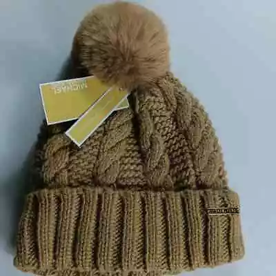 MICHAEL KORS Faux Fur Cable Knit Fleece Lined Beanie Pom Pom Camel One Size-NWT • $25