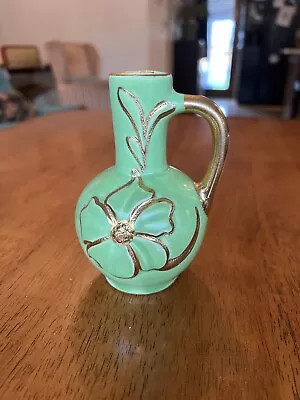 Vintage Green Ceramic Bud Vase W/Handle Gold Floral 5  Mid Century Modern Small • $9.99